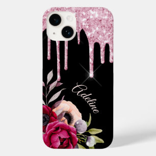 Coque Pour iPhone 14 Fleurs roses noires parties scintillant nom goutte