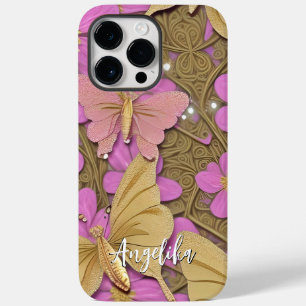 Coque Pour Pour iPhone 14 Pro Max Fleurs roses, papillons dorés et votre nom