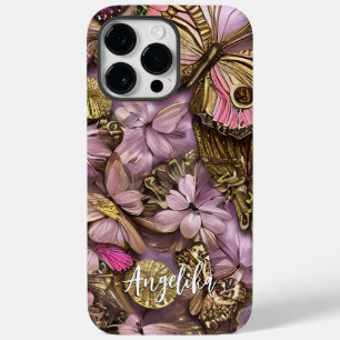 Coque Pour Pour iPhone 14 Pro Max Fleurs roses papillons dorés nom personnalisé
