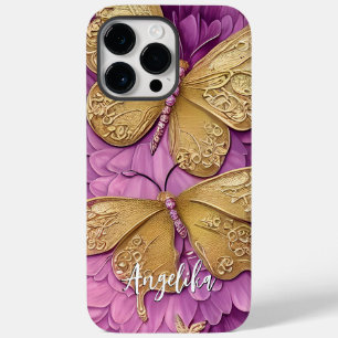 Coque Pour Pour iPhone 14 Pro Max Fleurs roses personnalisées Papillons dorés Nom