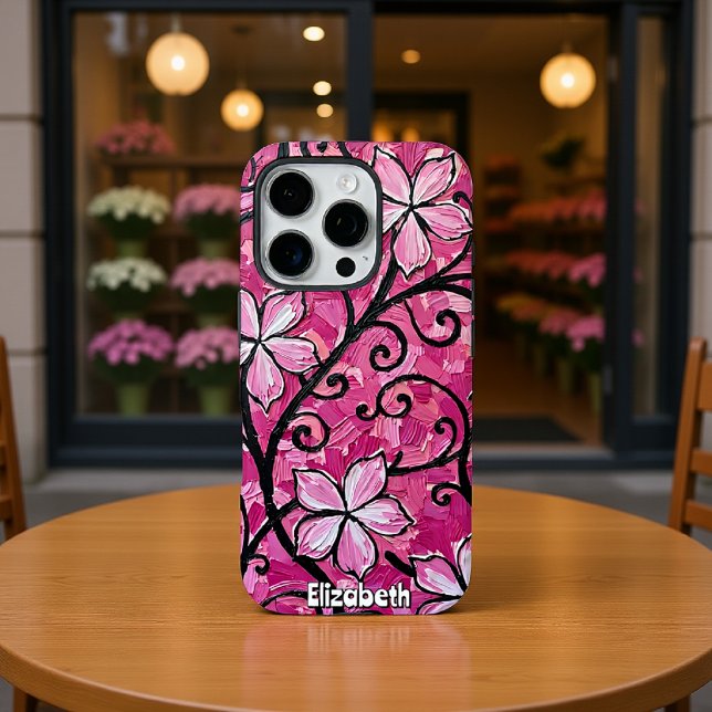 Coques Case-Mate iPhone Fleurs roses sculptées sur défilement noir (Créateur téléchargé)