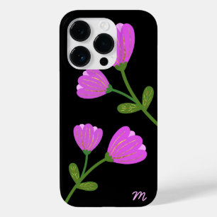 Coque Pour iPhone 14 Pro Fleurs roses sur boîtier de téléphone noir