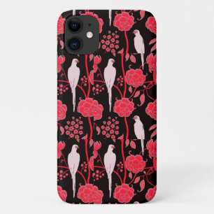 COQUE iPhone 11  FLEURS ROUGES ART DÉCO, PIROTS BLANCS EN NOIR