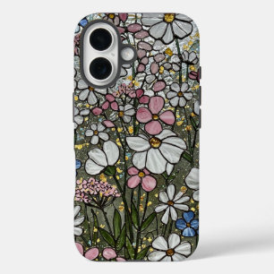 Coque Pour iPhone 16 Fleurs sauvages en or rose blanc effet verre
