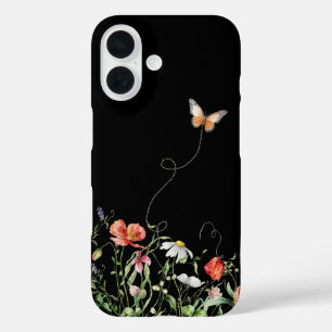 Coque Pour iPhone 16 Fleurs sauvages et papillon en noir
