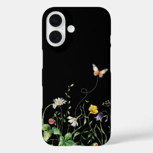 Coque Pour iPhone 16 Fleurs sauvages et papillon en noir