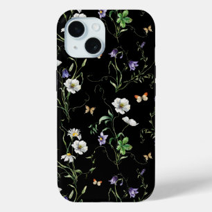 Coque Pour iPhone 15 Fleurs sauvages et papillons sur le noir