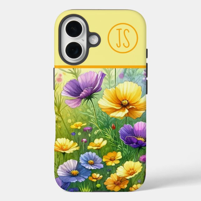 Coques Case-Mate iPhone Fleurs sauvages jaunes et violets Monogrammes (Verso)
