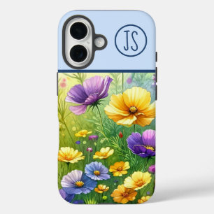 Coque Pour iPhone 16 Fleurs sauvages jaunes et violets Monogrammes