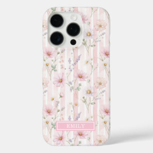 Coques iPhone 16 Pro Fleurs sauvages roses rayées monogrammées