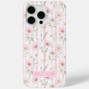 Coque iPhone 15 Pro Max Fleurs Sauvages Roses Rayées Monogrammées