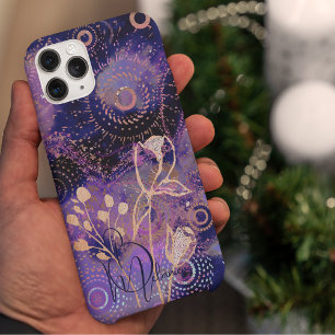 Coque Pour iPhone 14 Pro Fleurs sur les cercles bleu-violet design