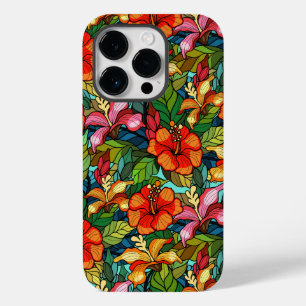 Coque Pour iPhone 14 Pro Fleurs tropicales colorées motif, hibiscus