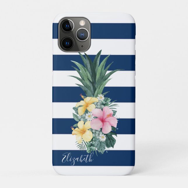 Coques Case-Mate iPhone Fleurs tropicales d'ananas, Bleu marine rayé (Dos)