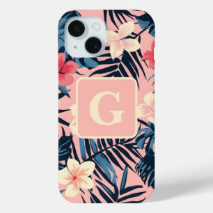 Coque Pour iPhone 15 Fleurs tropicales rose personnalisées Monogramme