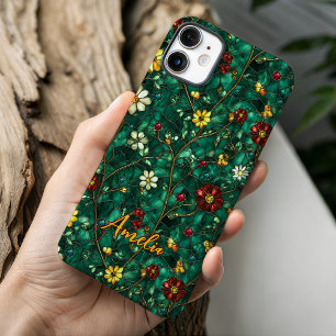 Coque Pour iPhone 16 Fleurs turquoise et rouge en verre coloré