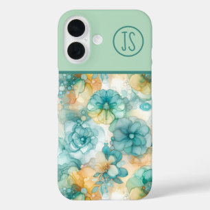 Coque Pour iPhone 16 Fleurs turquoises et jaunes Encre d'alcool Monogra