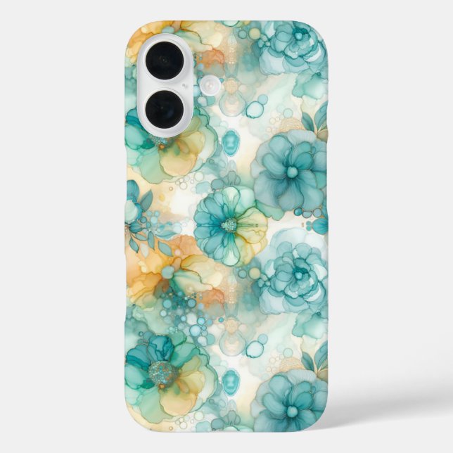 Coques Case-Mate iPhone Fleurs turquoises et jaunes Illustration de l'encr (Verso)