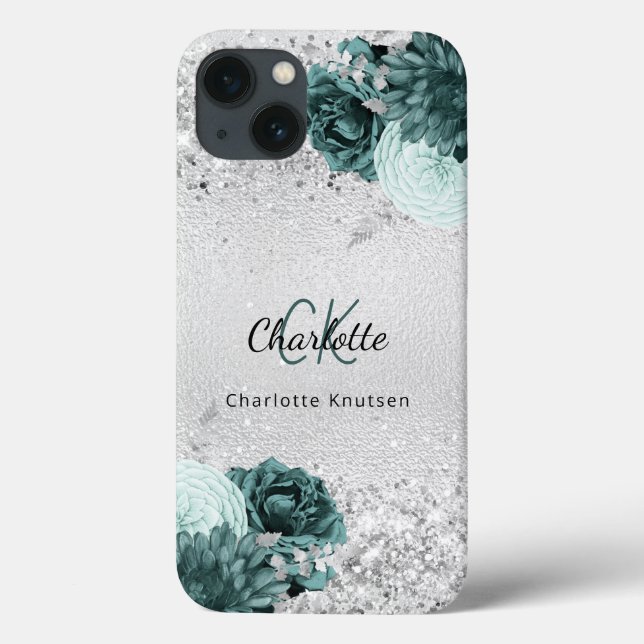 Coques Case-Mate iPhone Fleurs vert argent élégant nom monogramme (Verso)