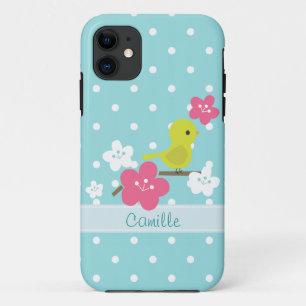 Coque iPhone 11 Fleurs vertes d'oiseau et de cerise