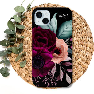 Coque iPhone 15 Mini Fleurs Violettes Bohème Vintage Romantiques Monogr
