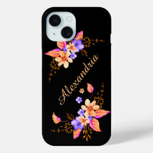 Coque Pour iPhone 15 Fleurs violettes jaunes Motif d'aquarelle Abstrait