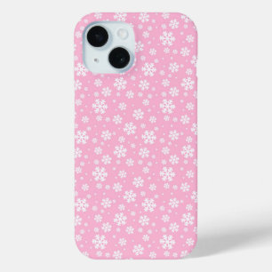 Coque Pour iPhone 15 Flocons blancs sur motif d'hiver rose pâle