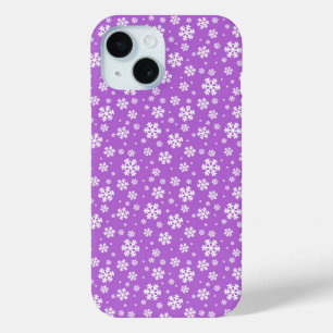 Coque Pour iPhone 15 Flocons blancs sur motif violet d'hiver