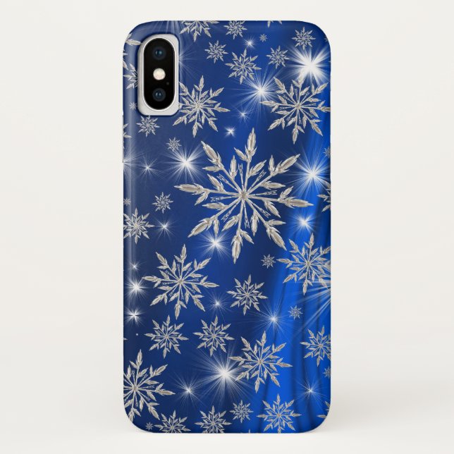 Coques Case-Mate iPhone Flocons de neige argentés scintillants sur le bleu (Dos)
