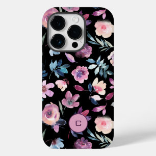 Coque Pour iPhone 14 Pro Floraison d'aquarelle pourpre avec monogramme