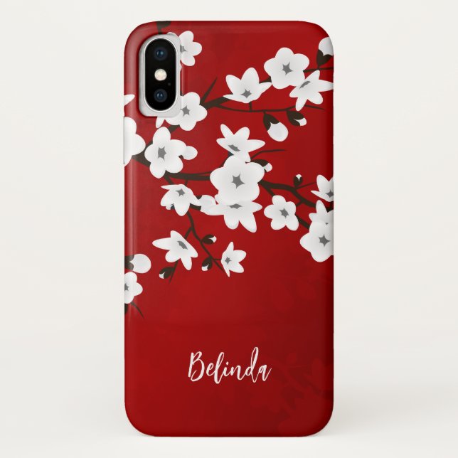 Coques Case-Mate iPhone Floral blanc cerise fleurs Monogramme rouge (Dos)