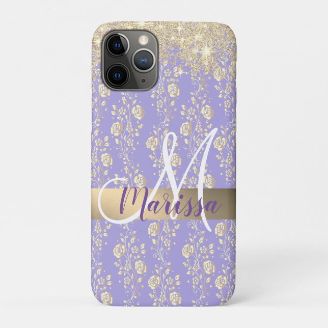 Coques Case-Mate iPhone Floral d'or Monogram sur Lavender (Dos)