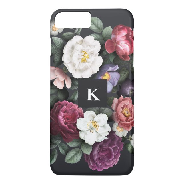 Coques Case-Mate iPhone Floral foncé sur noir | Monogramme (Dos)