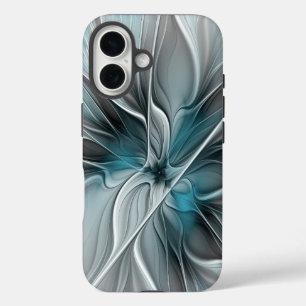Coque Pour iPhone 16 Floral Fractal Moderne Fleur Abstrait gris bleu