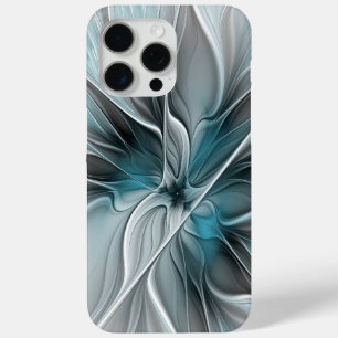 Coque iPhone 15 Pro Max Floral Fractal Moderne Fleur Abstrait gris bleu