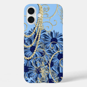 Coques iPhone 16 Plus Floral Navy Blue et Gold Swirl