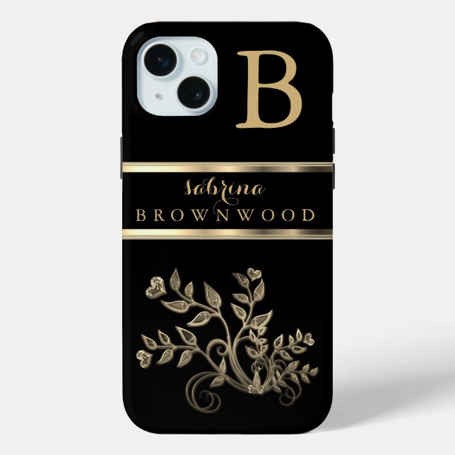 Coques Case-Mate iPhone Floral noir et or -Personnalisé (Verso)
