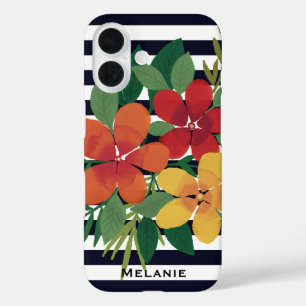 Coque Pour iPhone 16 Floral sur bandes noires et blanches Personnalisé