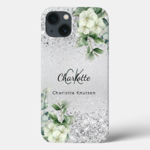 Case-Mate iPhone Case floraux blancs en argent euclayptus nom monogramme
