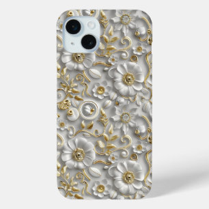 Coque iPhone 15 Mini Flore 3D décorative en or blanc