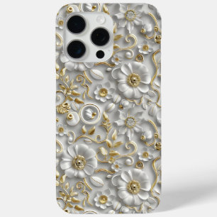 Coque iPhone 15 Pro Max Flore 3D décorative en or blanc