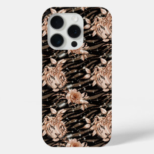 Coque iPhone 15 Pro Flore de tigre d'or Rose noir