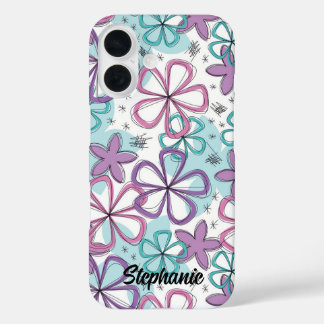 Coque Pour iPhone 16 Flore - Doodle Flowers avec étoiles et marques