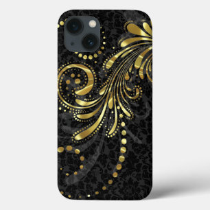Etui iPhone 13 Flore Métallurgique Jaune D'Or Sur Les Damas Noire