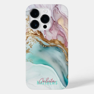 Coque Pour iPhone 14 Pro Fluide Abstrait Encre d'alcool Magenta Or Nom Turq