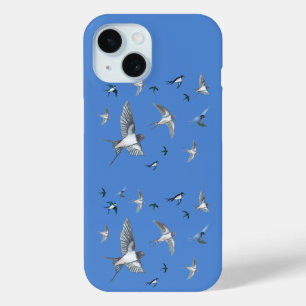 Coque Pour iPhone 15 Flying Swallow Birds Illustration Bleu