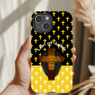 Coque Pour iPhone 15 Foi Jaune Noir Blanc Croix Lion de Juda 
