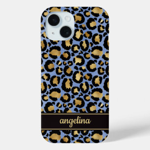 Coque Pour iPhone 15 Foil Doré Sur Monogramme Imprimé Léopard Bleu