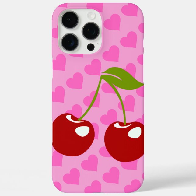 Coques Case-Mate iPhone Fond rose avec coeurs rouges et deux cerises  (Verso)
