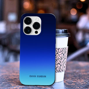 Coque Pour iPhone 14 Pro Fondu minimaliste bleu profond à aqua avec nom